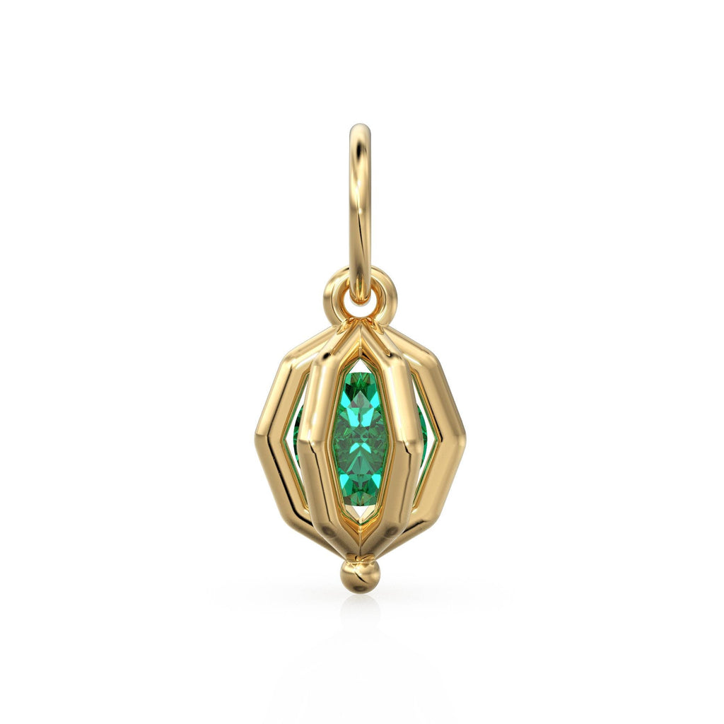 Floating Emerald Cage Pendant / Solid 14K 18K Gold Free-Set Gem Charm / Modern Geometric Orb Necklace With Suspended Stone Design