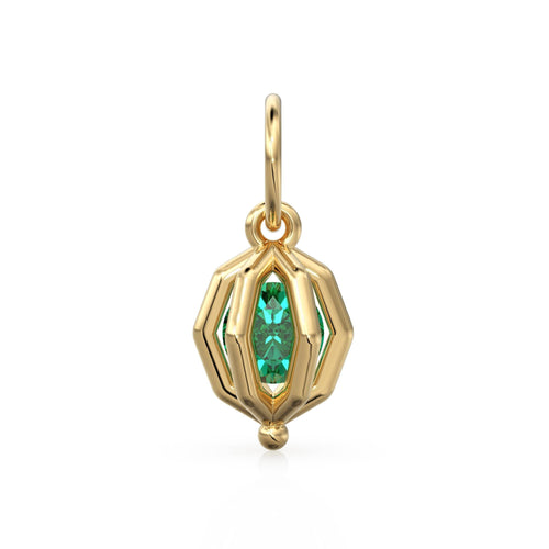 Floating Emerald Cage Pendant / Solid 14K 18K Gold Free-Set Gem Charm / Modern Geometric Orb Necklace With Suspended Stone Design