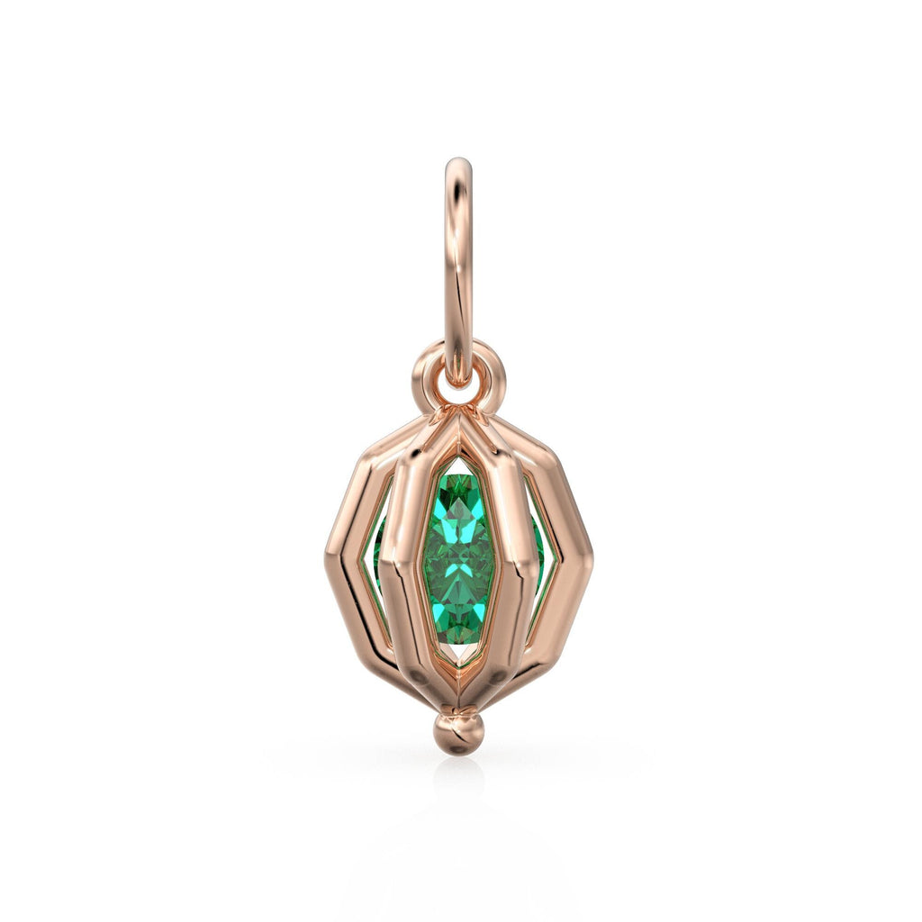 Floating Emerald Cage Pendant / Solid 14K 18K Gold Free-Set Gem Charm / Modern Geometric Orb Necklace With Suspended Stone Design