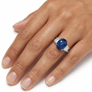 Certified Unheated Spinel 3.1 Ct Vivid Cobalt Blue Spinel 18K Solid White Gold 3 Stone Ring - Trapezoid Diamond Engagement Ring