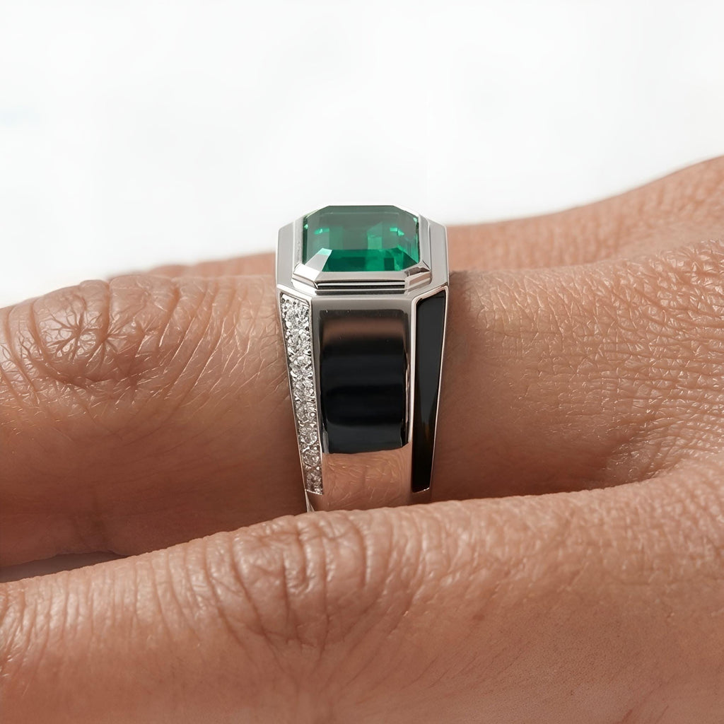 Zambian Emerald 2.5 Ct 18K Solid White Gold Enamel Diamond Signet Engagement Ring