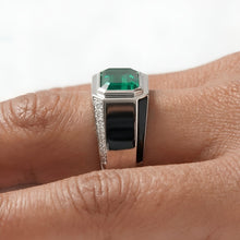 Load image into Gallery viewer, Zambian Emerald 2.5 Ct 18K Solid White Gold Enamel Diamond Signet Engagement Ring