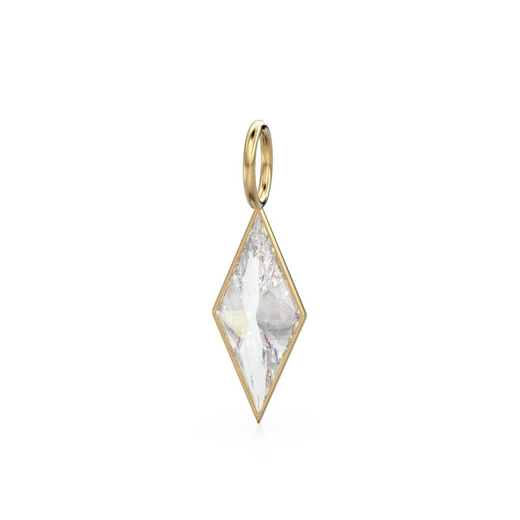 White Quartz Kite 18k Yellow Solid Gold Charm / April Birthstone Pendant Bezel Jewelry Finding / Clear Gemstone / Diamond Cut Amulet