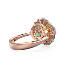 Load image into Gallery viewer, 3.5 Carat Yellow Sapphire Ring in 14K 18K Rose Gold / Pink Coral Cabochon Halo with Emerald &amp; Pear Diamond Cluster Statement Ring