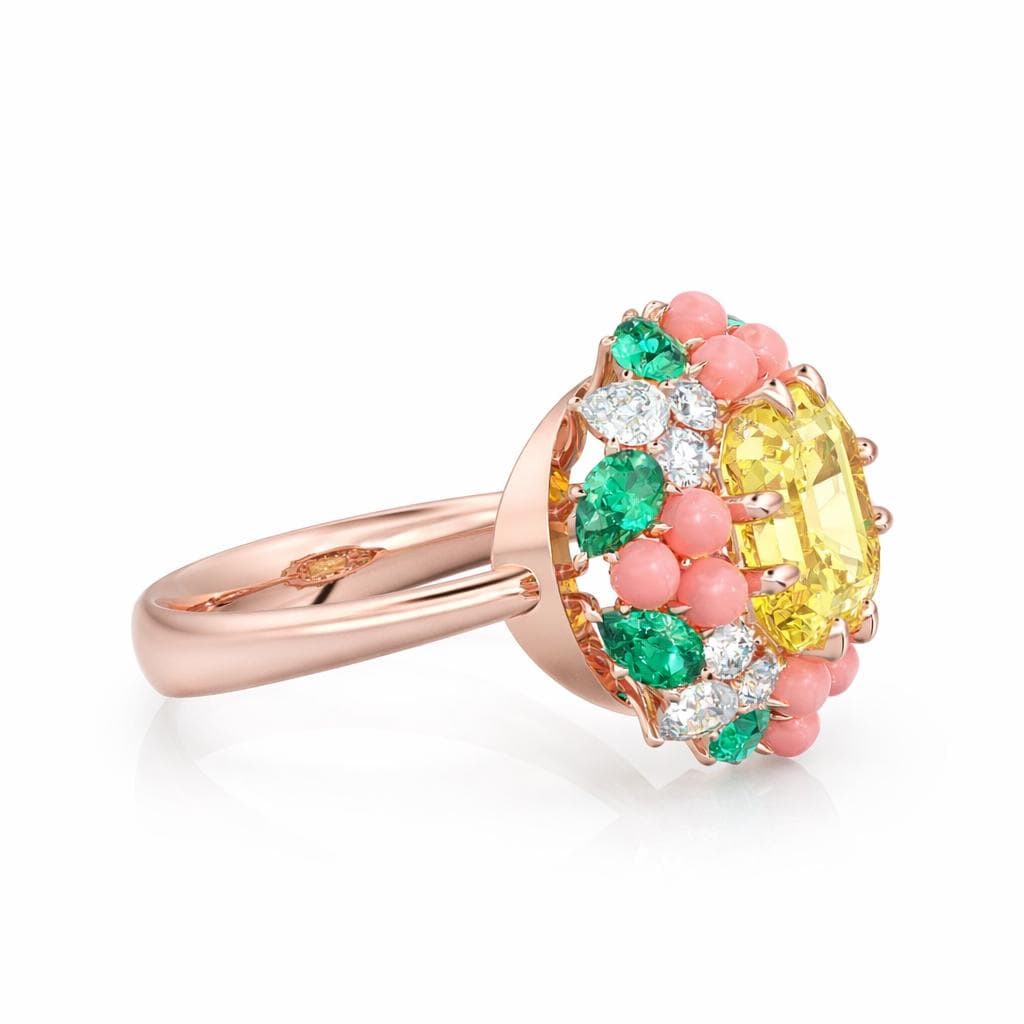 3.5 Carat Yellow Sapphire Ring in 14K 18K Rose Gold / Pink Coral Cabochon Halo with Emerald & Pear Diamond Cluster Statement Ring
