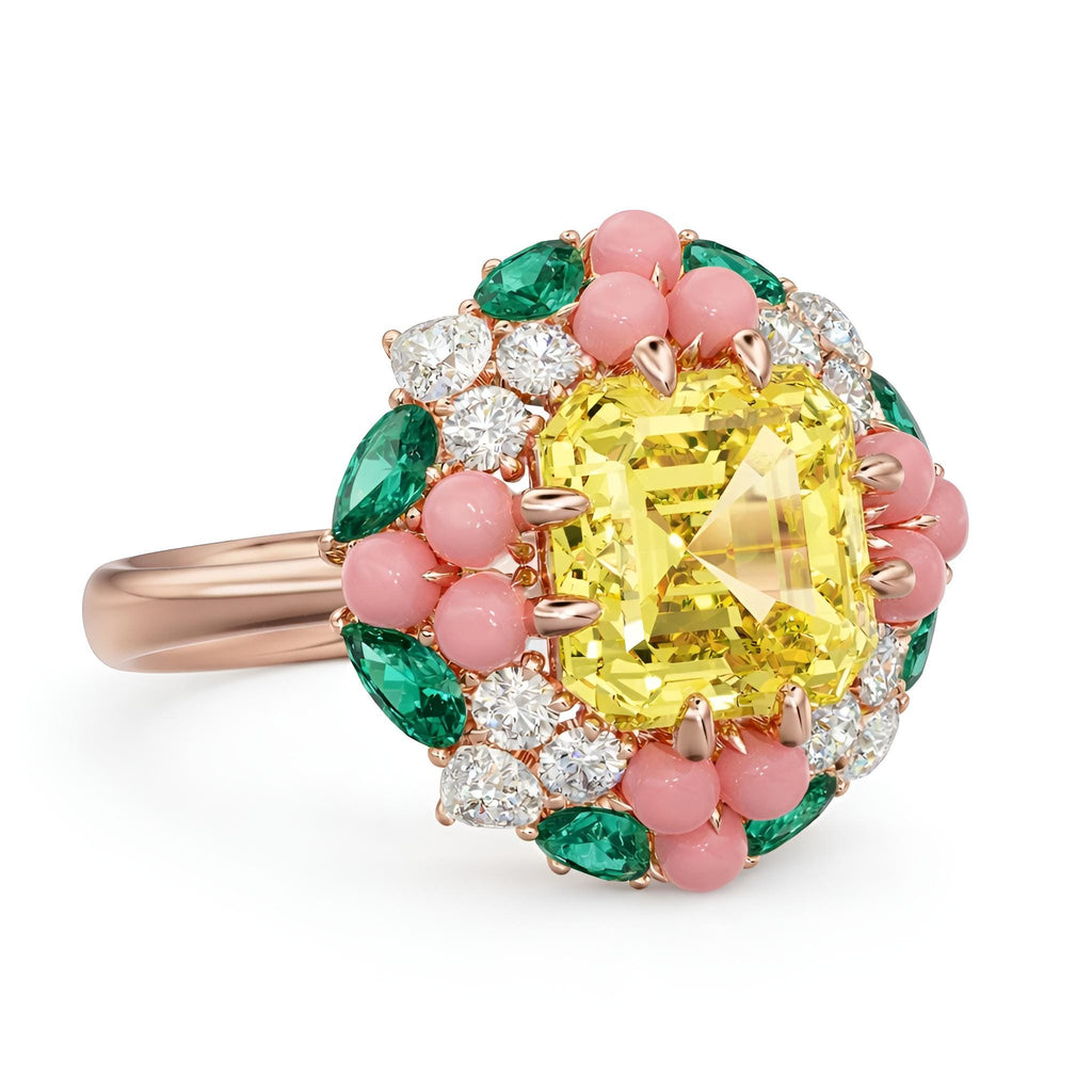 3.5 Carat Yellow Sapphire Ring in 14K 18K Rose Gold / Pink Coral Cabochon Halo with Emerald & Pear Diamond Cluster Statement Ring