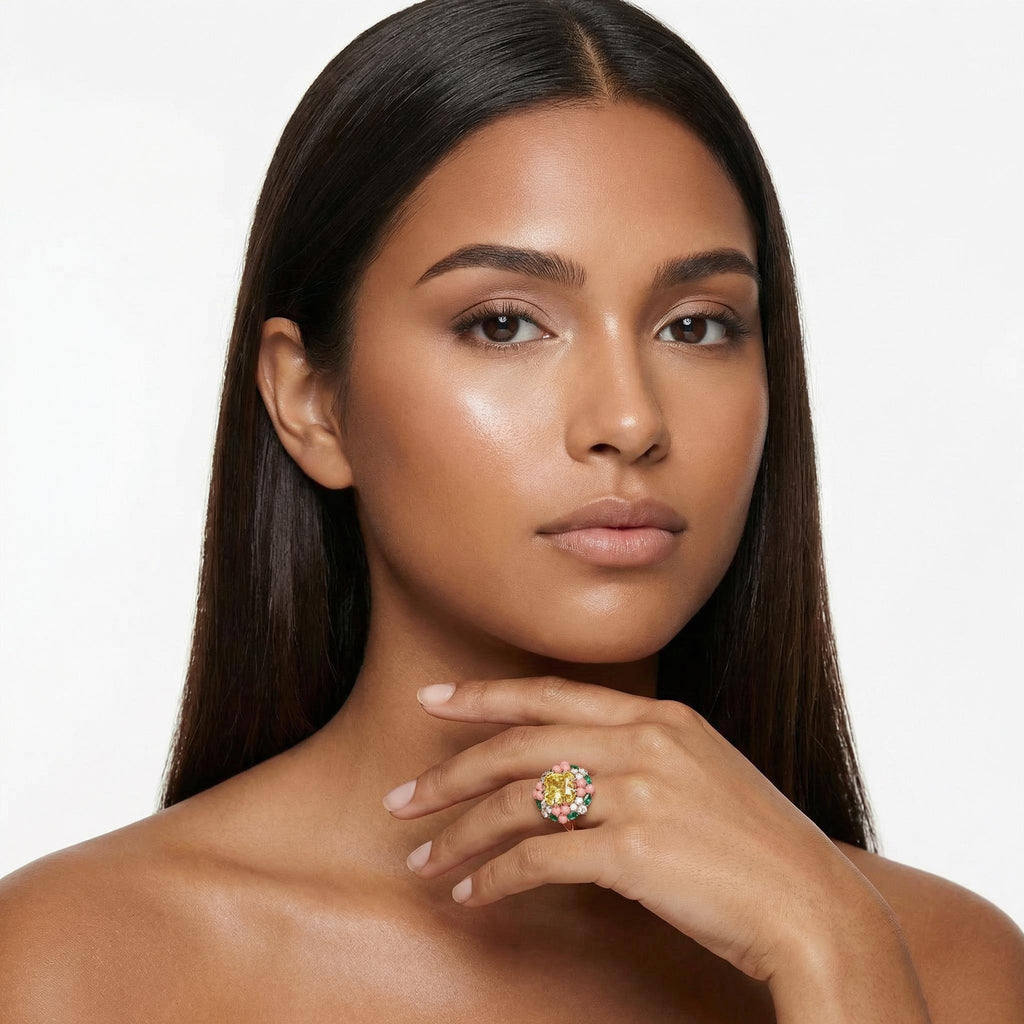 3.5 Carat Yellow Sapphire Ring in 14K 18K Rose Gold / Pink Coral Cabochon Halo with Emerald & Pear Diamond Cluster Statement Ring