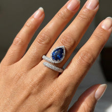 Load image into Gallery viewer, 2Ct Blue Sapphire 18K Solid White Gold Wrap Ring | Diamond Micro Pave Pear Gemstone Halo Ring | Statement Bridal Jewelry