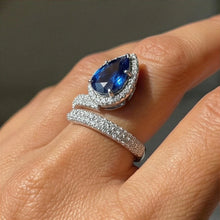Load image into Gallery viewer, 2Ct Blue Sapphire 18K Solid White Gold Wrap Ring | Diamond Micro Pave Pear Gemstone Halo Ring | Statement Bridal Jewelry