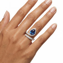 Load image into Gallery viewer, 2Ct Blue Sapphire 18K Solid White Gold Wrap Ring | Diamond Micro Pave Pear Gemstone Halo Ring | Statement Bridal Jewelry