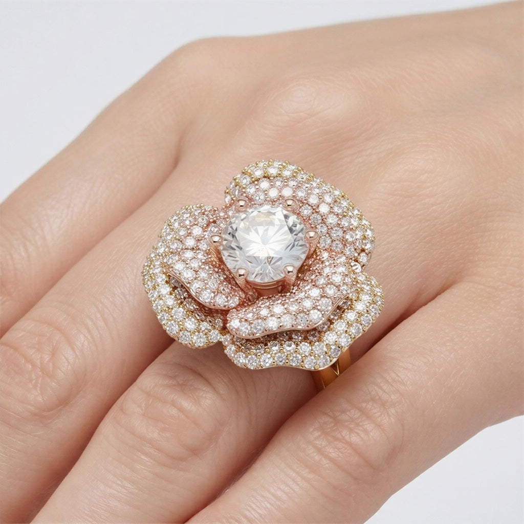 4ct Solitaire Lab Diamond Flower Solid Rose Gold Cocktail Ring | 3.5ct Accent Diamonds