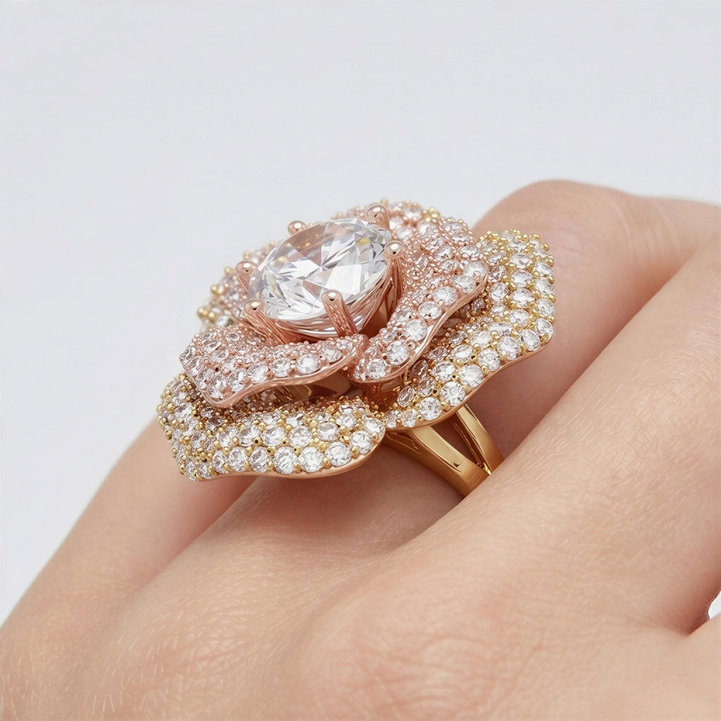 4ct Solitaire Lab Diamond Flower Solid Rose Gold Cocktail Ring | 3.5ct Accent Diamonds