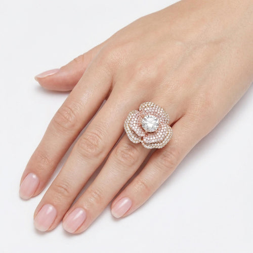 4ct Solitaire Lab Diamond Flower Solid Rose Gold Cocktail Ring | 3.5ct Accent Diamonds