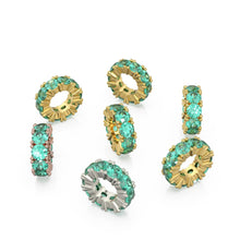 Load image into Gallery viewer, Emerald 14k Italian Gold Roundel Charm, Green Emerald Wheel Charm, Round Charm Holder, Eternity Round Stone May Birthstone Band Connector