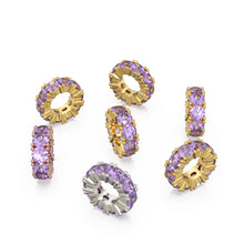 Load image into Gallery viewer, Amethyst 14k Italian Gold Roundel Charm, Purple Amethyst Wheel Charm, Round Charm Holder, Eternity Round Stone February Birthstone Band