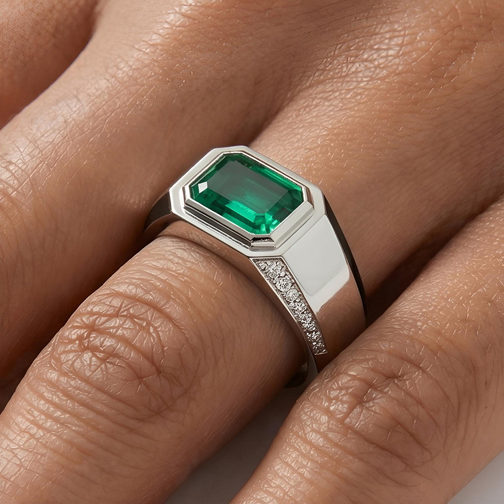 Zambian Emerald 2.5 Ct 18K Solid White Gold Enamel Diamond Signet Engagement Ring