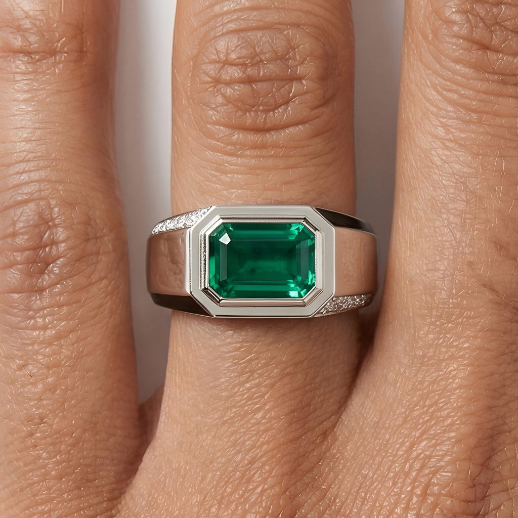 Zambian Emerald 2.5 Ct 18K Solid White Gold Enamel Diamond Signet Engagement Ring