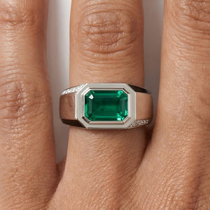 Zambian Emerald 2.5 Ct 18K Solid White Gold Enamel Diamond Signet Engagement Ring
