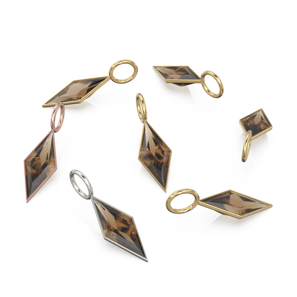 Smoky Quartz Kite 18k Yellow Solid Gold Charm / November Birthstone Pendant Bezel Jewelry Finding / Brown Gemstone / Diamond Cut Amulet
