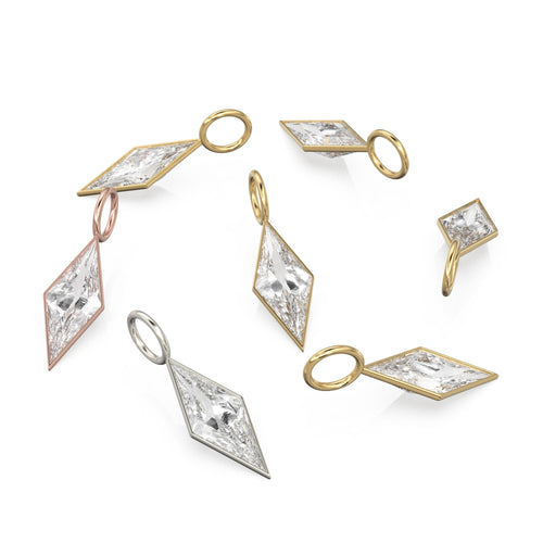 White Quartz Kite 18k Yellow Solid Gold Charm / April Birthstone Pendant Bezel Jewelry Finding / Clear Gemstone / Diamond Cut Amulet