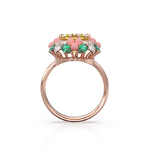Load image into Gallery viewer, 3.5 Carat Yellow Sapphire Ring in 14K 18K Rose Gold / Pink Coral Cabochon Halo with Emerald &amp; Pear Diamond Cluster Statement Ring