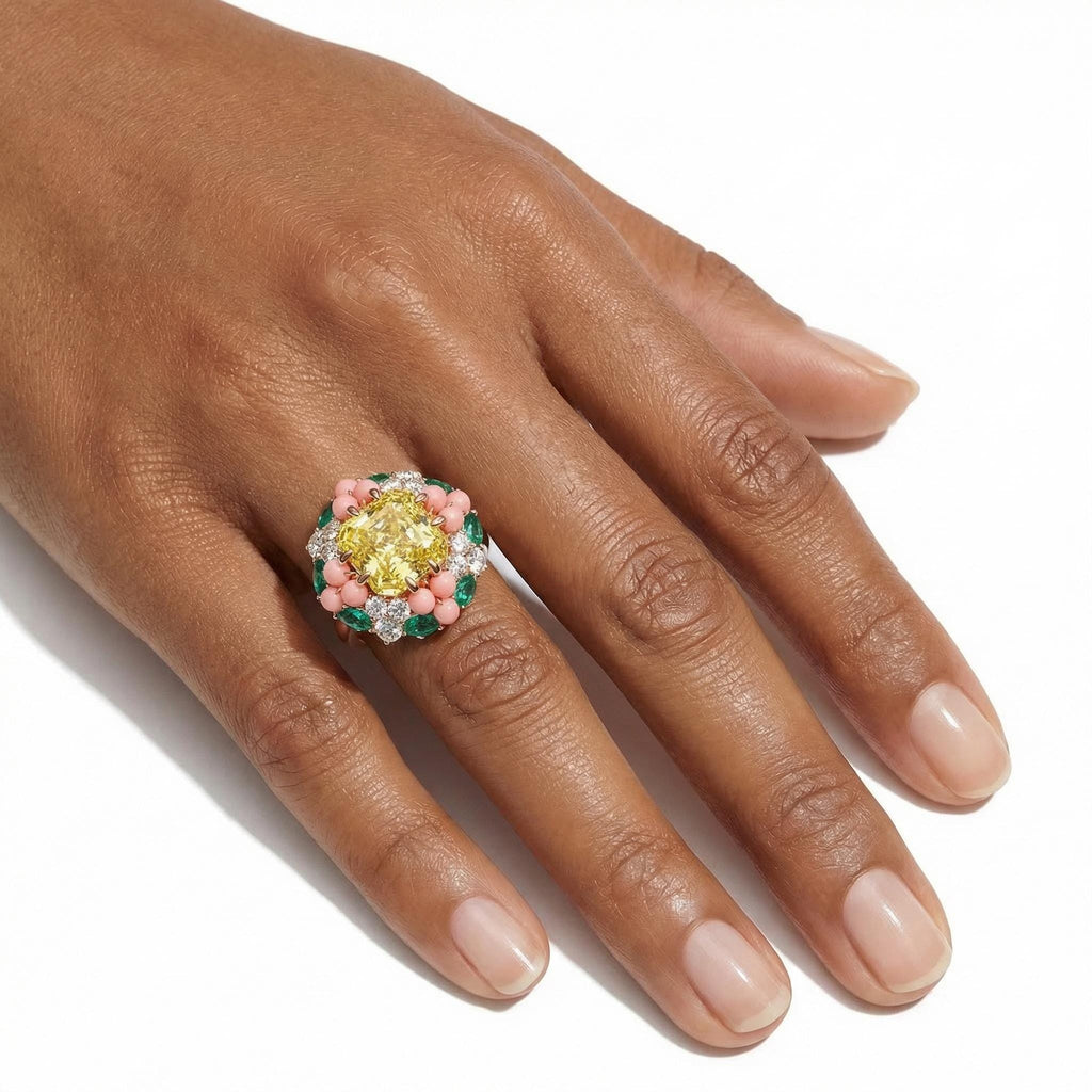 3.5 Carat Yellow Sapphire Ring in 14K 18K Rose Gold / Pink Coral Cabochon Halo with Emerald & Pear Diamond Cluster Statement Ring