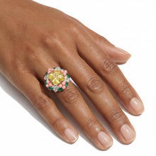 Load image into Gallery viewer, 3.5 Carat Yellow Sapphire Ring in 14K 18K Rose Gold / Pink Coral Cabochon Halo with Emerald &amp; Pear Diamond Cluster Statement Ring