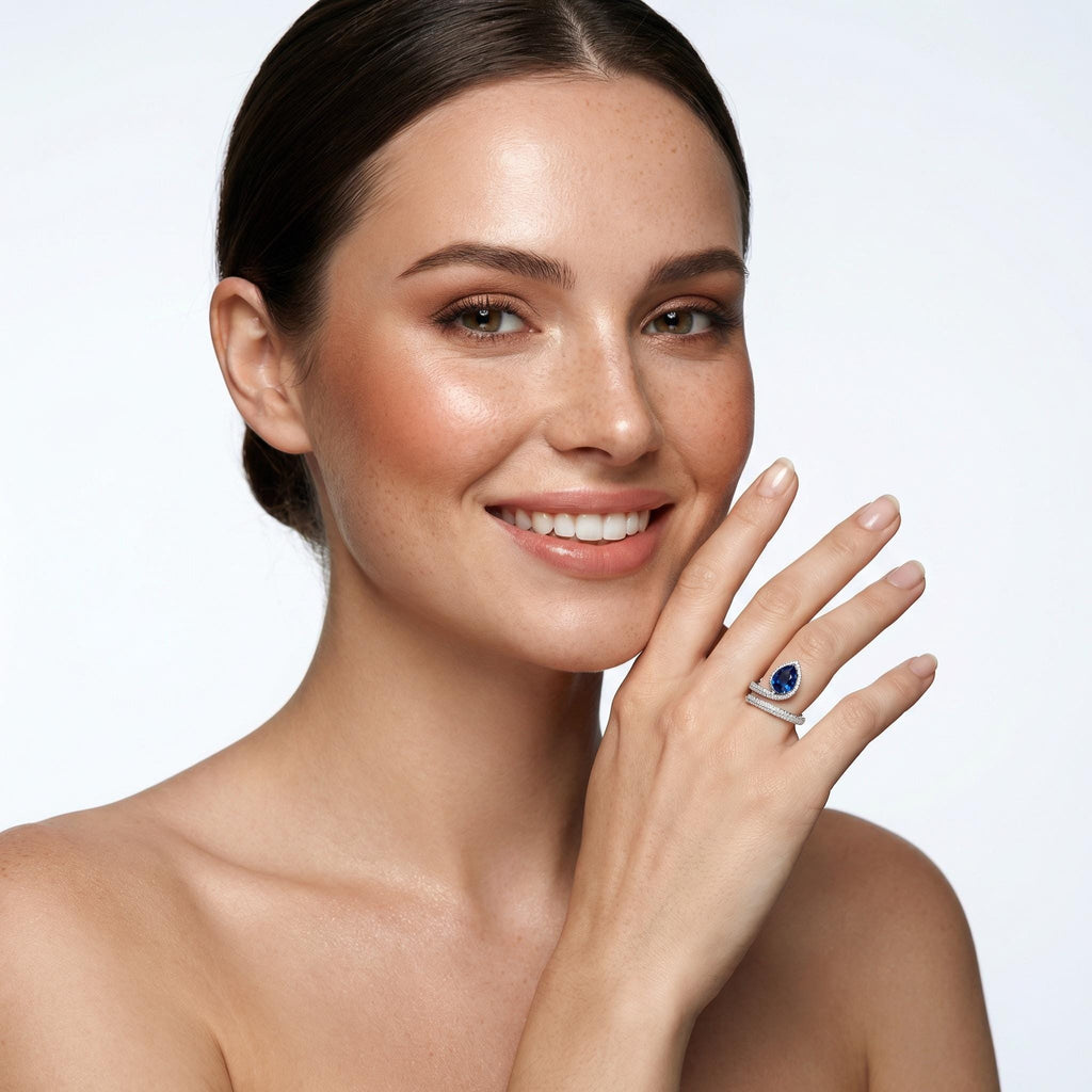 2Ct Blue Sapphire 18K Solid White Gold Wrap Ring | Diamond Micro Pave Pear Gemstone Halo Ring | Statement Bridal Jewelry