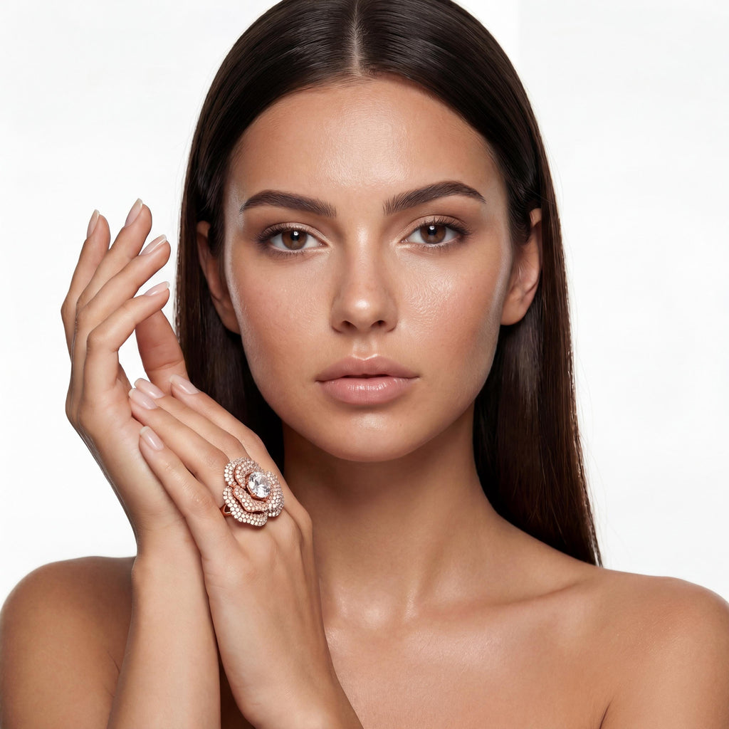 4ct Solitaire Lab Diamond Flower Solid Rose Gold Cocktail Ring | 3.5ct Accent Diamonds