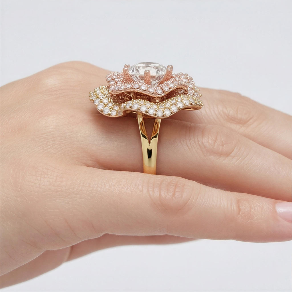 4ct Solitaire Lab Diamond Flower Solid Rose Gold Cocktail Ring | 3.5ct Accent Diamonds