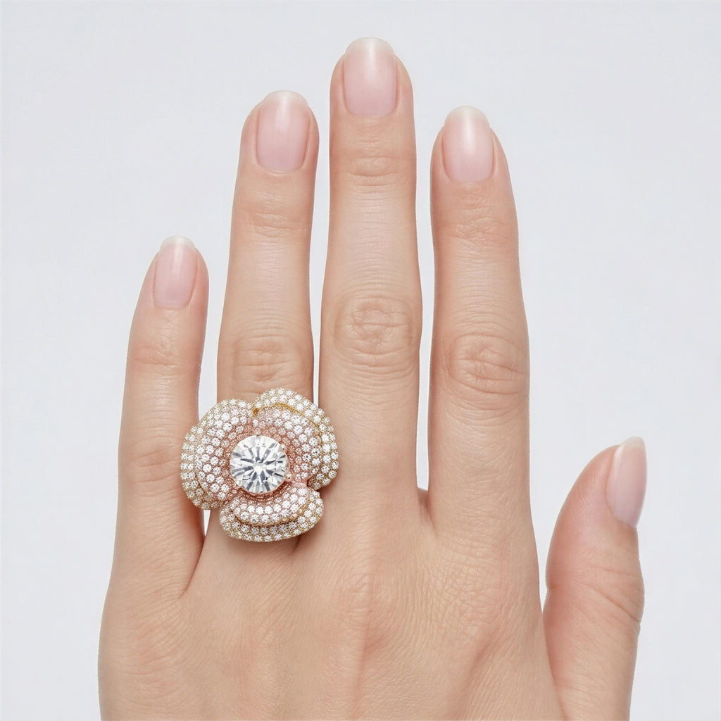 4ct Solitaire Lab Diamond Flower Solid Rose Gold Cocktail Ring | 3.5ct Accent Diamonds