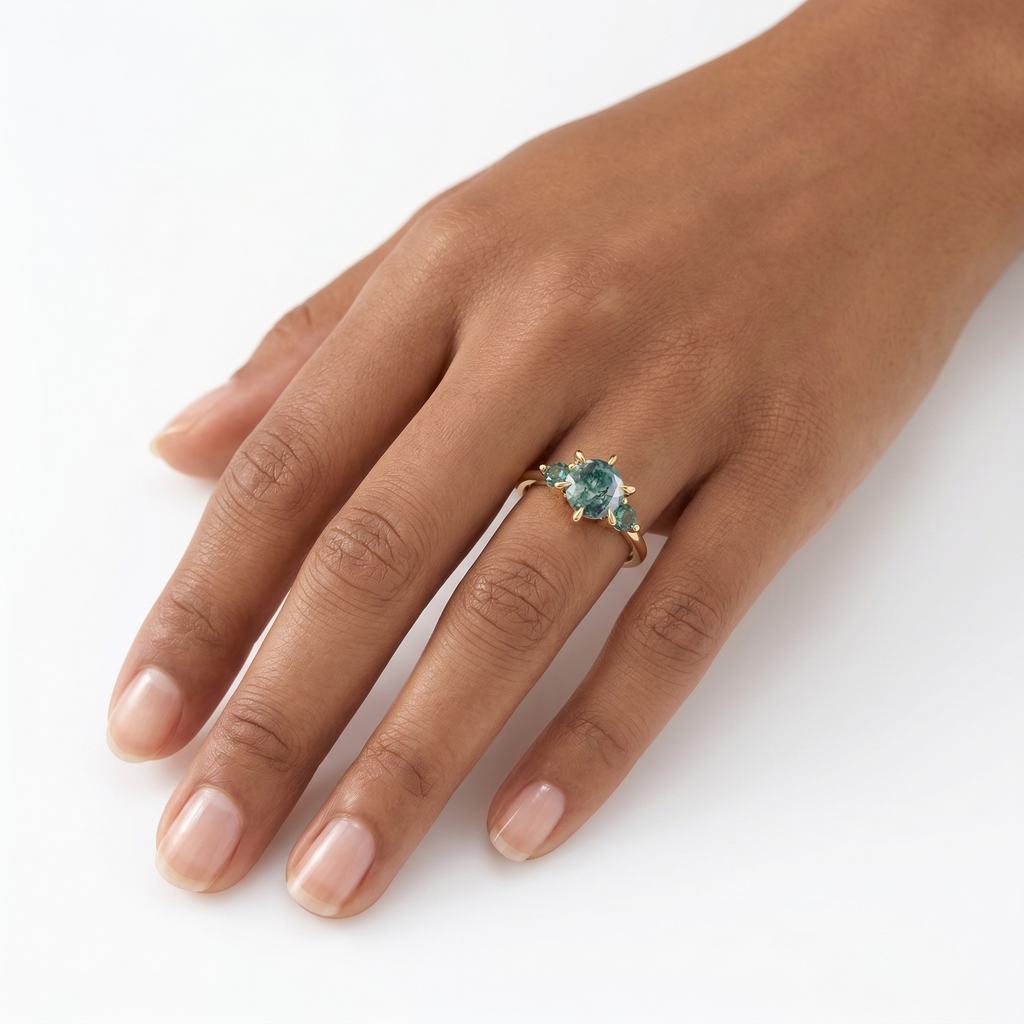 Moss Agate Engagament Ring in NYC, Zambian Green Emerald Three Stone Ring, Gift for her, Nature Inspired Ring