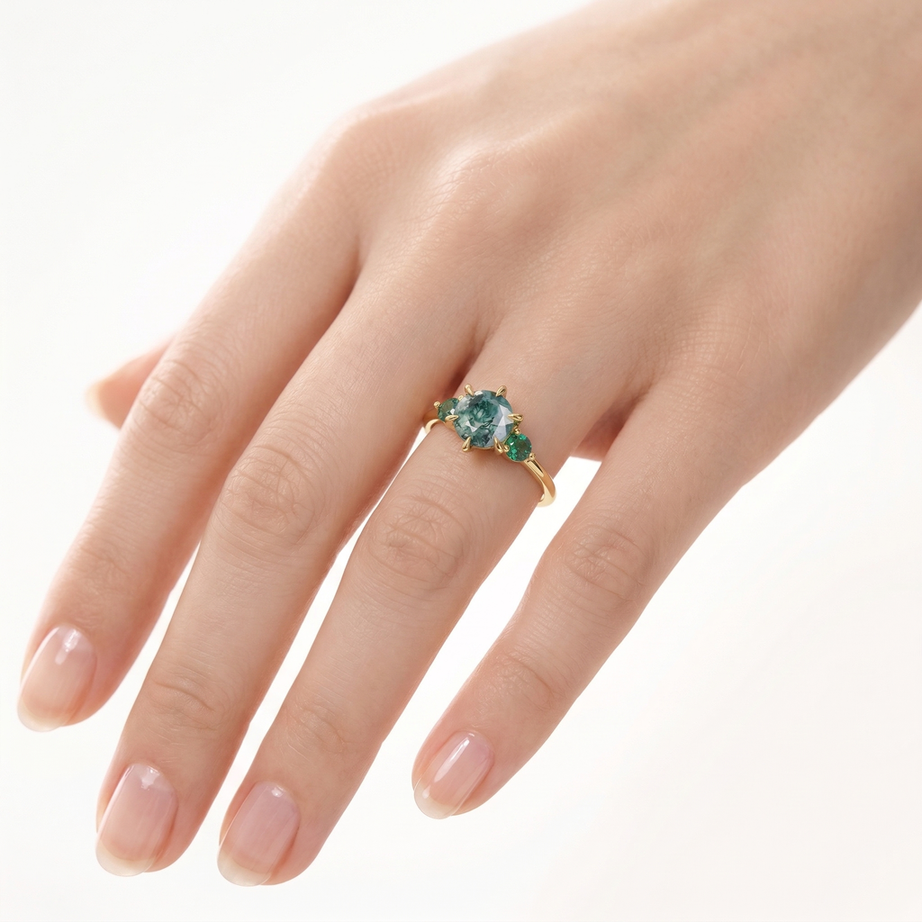 Moss Agate Engagament Ring in NYC, Zambian Green Emerald Three Stone Ring, Gift for her, Nature Inspired Ring