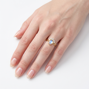 Pear Moonstone Ring Set, Lab Diamond Crown Ring with Moonstone Solitaire Ring, Moonstone Diamond Ring Set, simple Ring Set