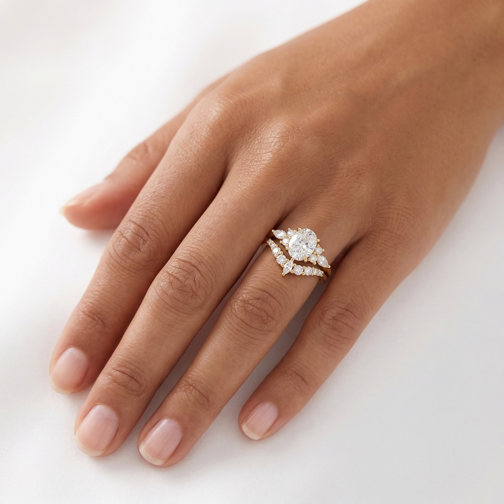 1ct Oval Lab diamond ring set, White Gold Diamond Engagement Ring Set, Floral Marquise Diamond Ring