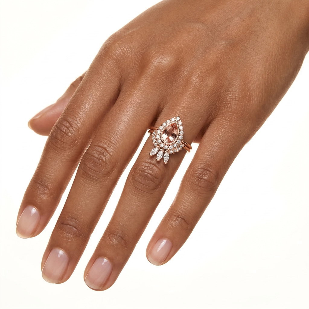 Pear Morganite Diamond Ring Set 10k 14k Gold, Morganite Engagement Ring with Curved Diamond Band, Wedding Ring Set