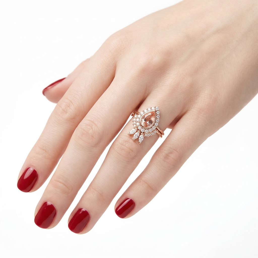 Pear Morganite Diamond Ring Set 10k 14k Gold, Morganite Engagement Ring with Curved Diamond Band, Wedding Ring Set