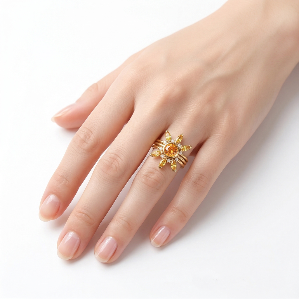 Yellow Sapphire Gold Ring, Lab Diamond Set, Butterfly Engagement Ring, Unique Sun Set, Alternative Wedding Set