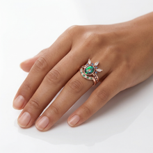 Load image into Gallery viewer, Black Opal Engagement Ring Set, Lab Diamond Lightning Ridge Solid Rose Gold Opal Ring, Blue Sapphire Lagoon Set