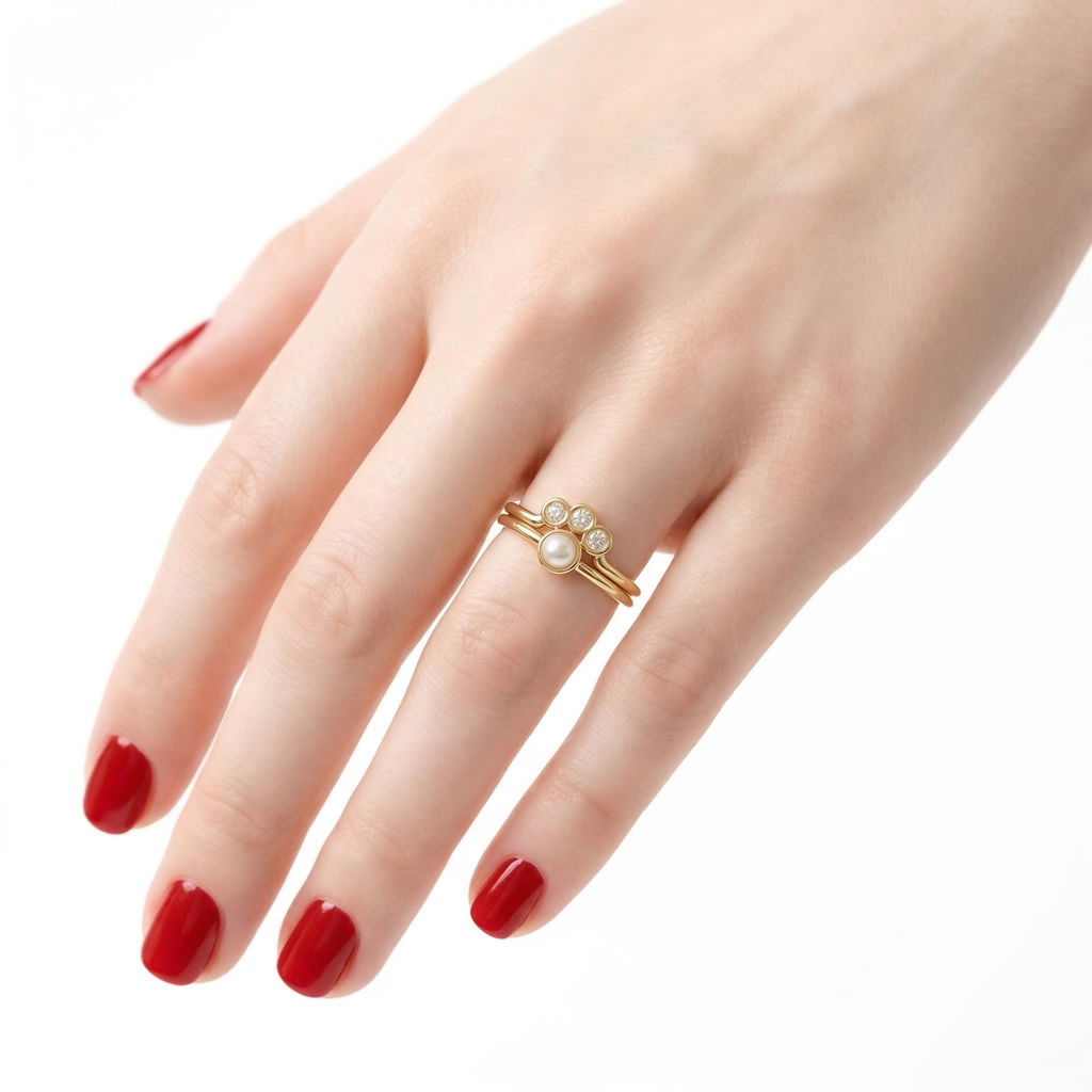 Pearl & Diamond Engagement Ring Set, Dainty Wedding Band, Pearl Solitaire Ring, Nesting Crown Band, Solid Gold Gemstone Wedding Stack Ring