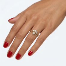 Load image into Gallery viewer, Pearl &amp; Diamond Engagement Ring Set, Dainty Wedding Band, Pearl Solitaire Ring, Nesting Crown Band, Solid Gold Gemstone Wedding Stack Ring