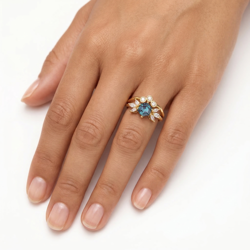 Alexandrite Engagement Ring Set, Hexagon Alexandrite Side Lab Diamonds , Unique Ring Set