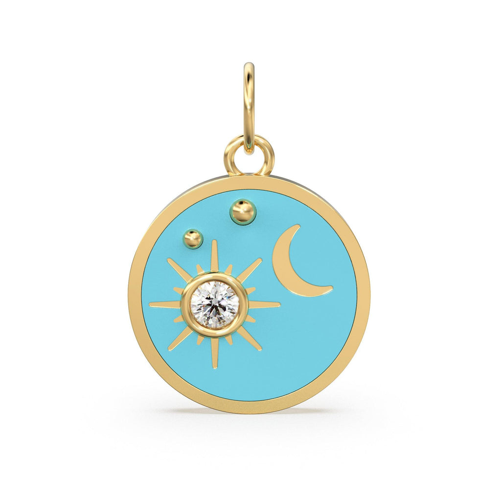 Star Turquoise Enamel Diamond Solid Gold Charm / Enamel Gold Charm / Circle Diamond Charm / Real Diamond Jewelry / Diamond Gold Necklace - Jalvi & Co.