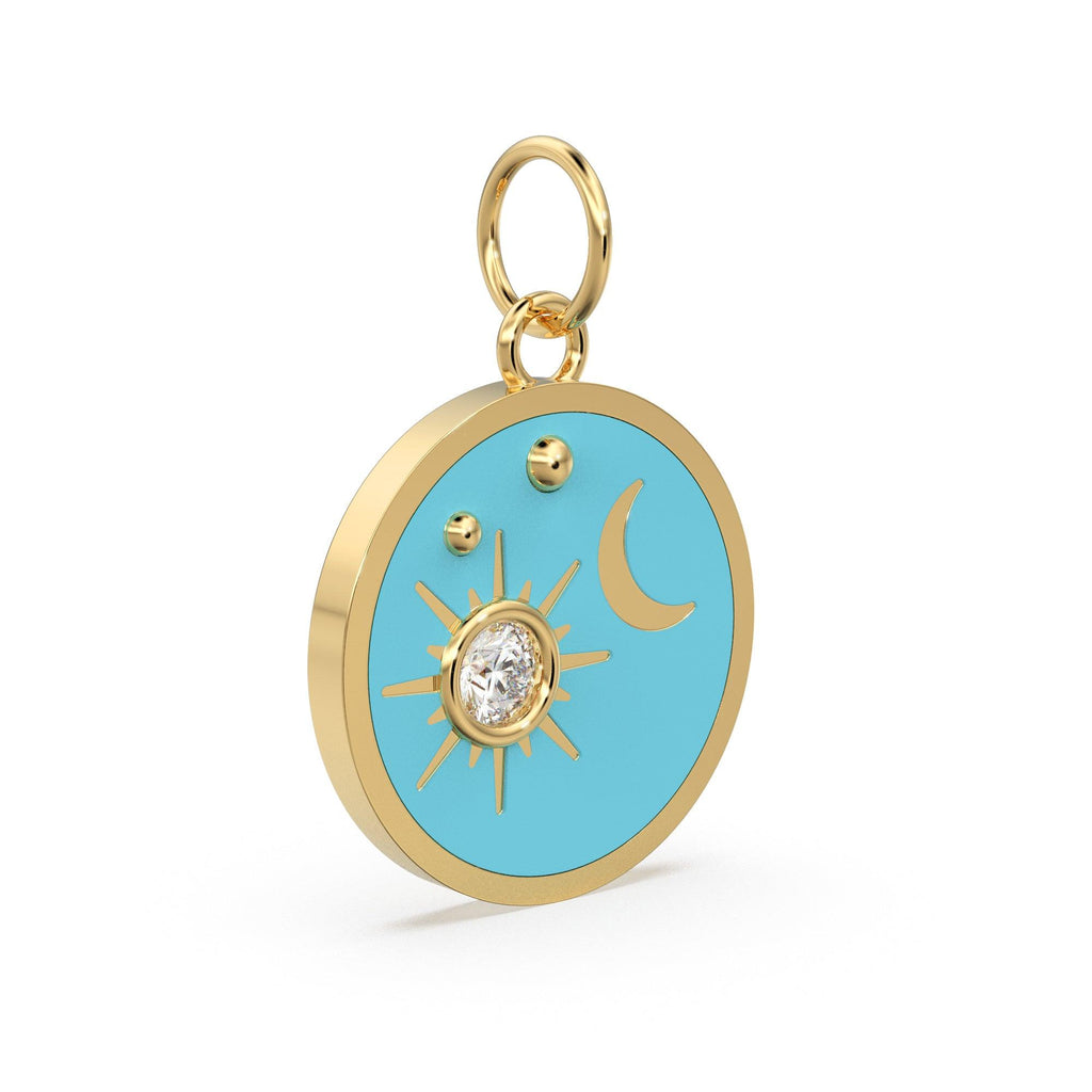 Star Turquoise Enamel Diamond Solid Gold Charm / Enamel Gold Charm / Circle Diamond Charm / Real Diamond Jewelry / Diamond Gold Necklace - Jalvi & Co.