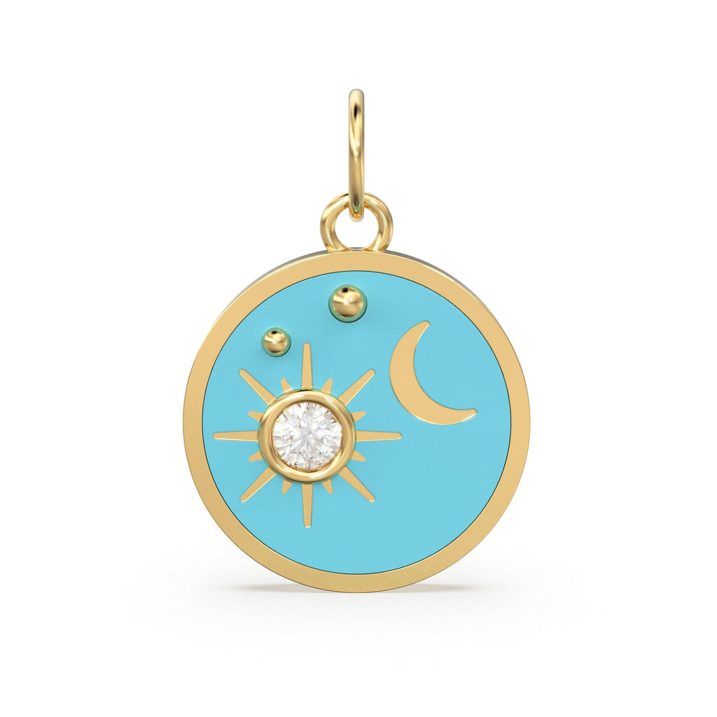 Star Turquoise Enamel Diamond Solid Gold Charm / Enamel Gold Charm / Circle Diamond Charm / Real Diamond Jewelry / Diamond Gold Necklace - Jalvi & Co.