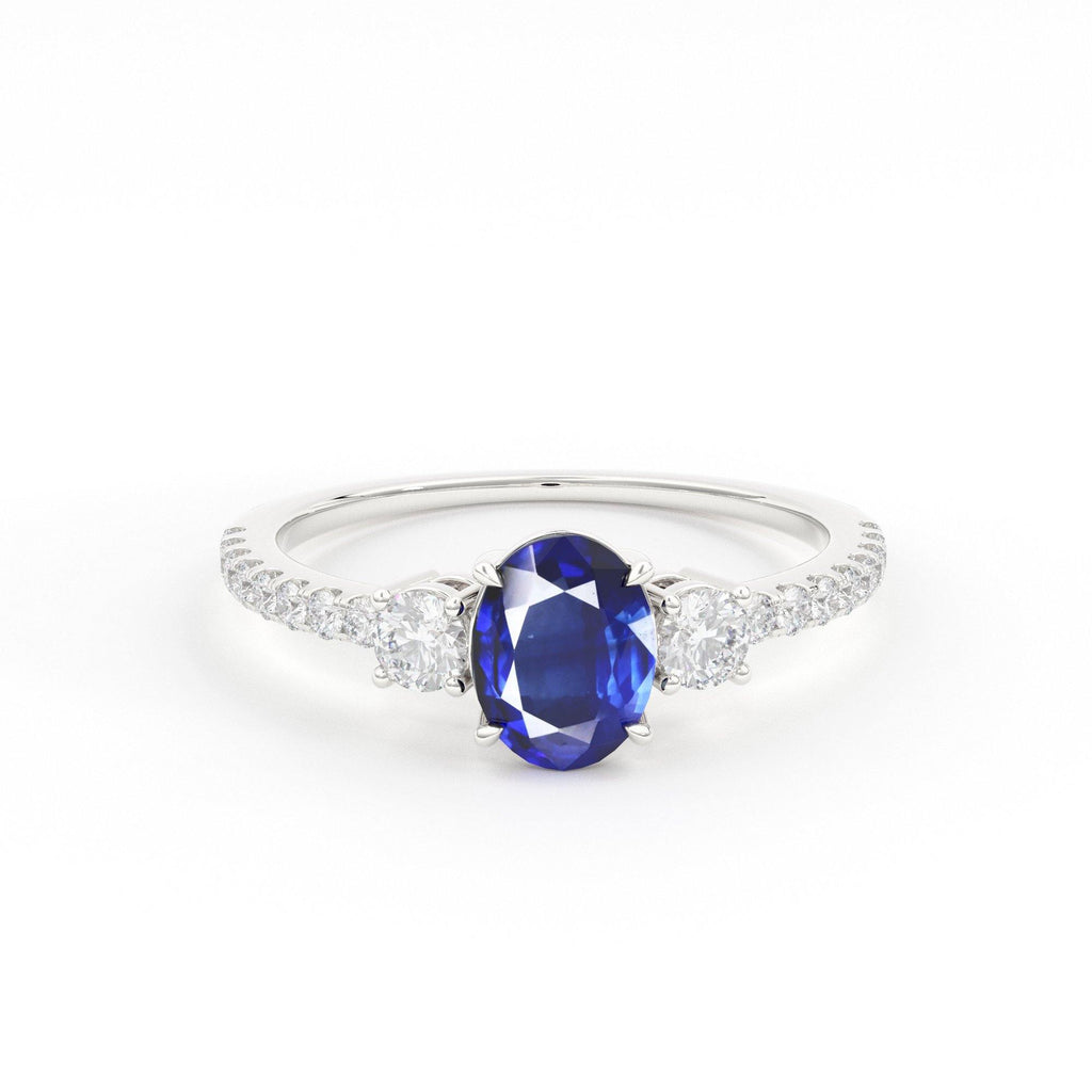 1.00 Carat Oval Blue Sapphire Engagement Ring / Handmade White Gold Sapphire Ring / Three Stone Ring / Ceylon Sapphire Diamond Cocktail Ring - Jalvi & Co.