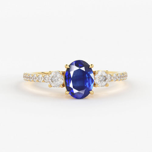 1.00 Carat Oval Blue Sapphire Engagement Ring / Handmade White Gold Sapphire Ring / Three Stone Ring / Ceylon Sapphire Diamond Cocktail Ring - Jalvi & Co.