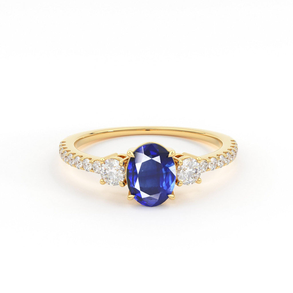 1.00 Carat Oval Blue Sapphire Engagement Ring / Handmade White Gold Sapphire Ring / Three Stone Ring / Ceylon Sapphire Diamond Cocktail Ring - Jalvi & Co.