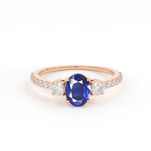 Load image into Gallery viewer, 1.00 Carat Oval Blue Sapphire Engagement Ring / Handmade White Gold Sapphire Ring / Three Stone Ring / Ceylon Sapphire Diamond Cocktail Ring - Jalvi &amp; Co.