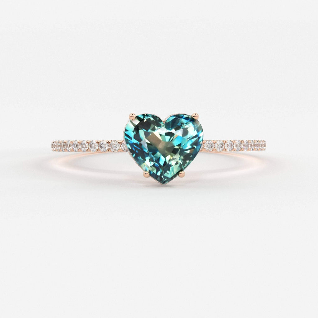 1.02 Carat Heart Green Blue Sapphire Engagement Ring / Sapphire Cocktail Ring / White Gold Anniversary Ring / Sapphire Diamond Proposal Ring - Jalvi & Co.